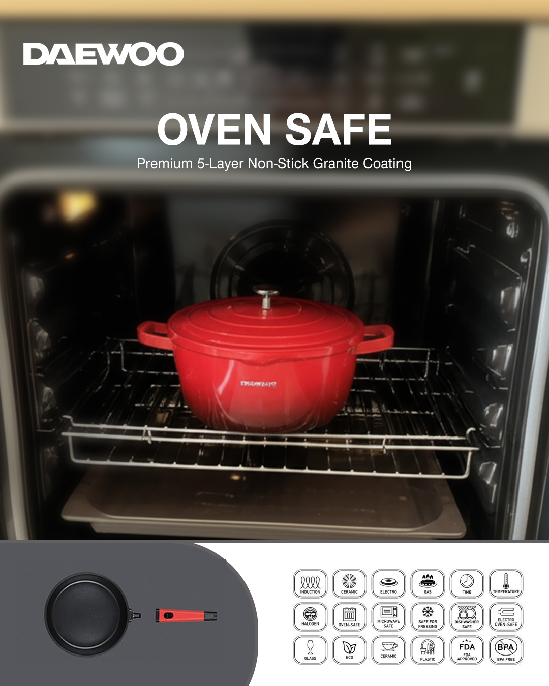 Daewoo 32cm Die-Cast Aluminum Casserole Pot with Lid, Non-Stick Granite Stone Coating, Full Induction Base, Oven-Safe, Red, Chemical-Free
