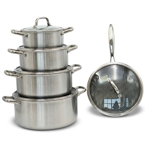 Osfe Home Cooking 316 High Quality 10-Piece Luxury Triply Stainless Steel Non Stick Cookware Set With Glass Lid (32-28-24-20 cm Pots and Pan 28 cm)