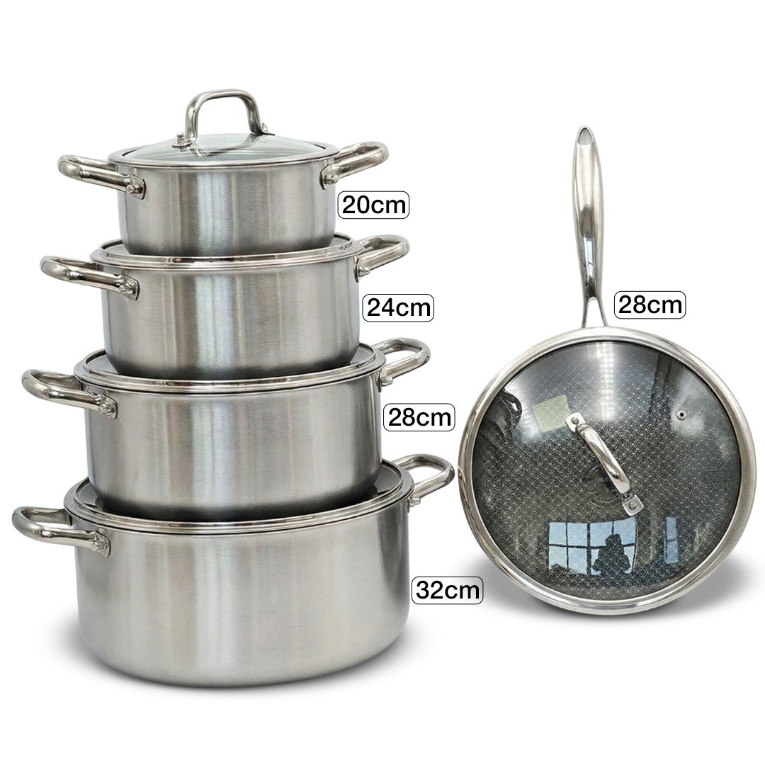 Osfe Home Cooking 316 High Quality 10-Piece Luxury Triply Stainless Steel Non Stick Cookware Set With Glass Lid (32-28-24-20 cm Pots and Pan 28 cm)