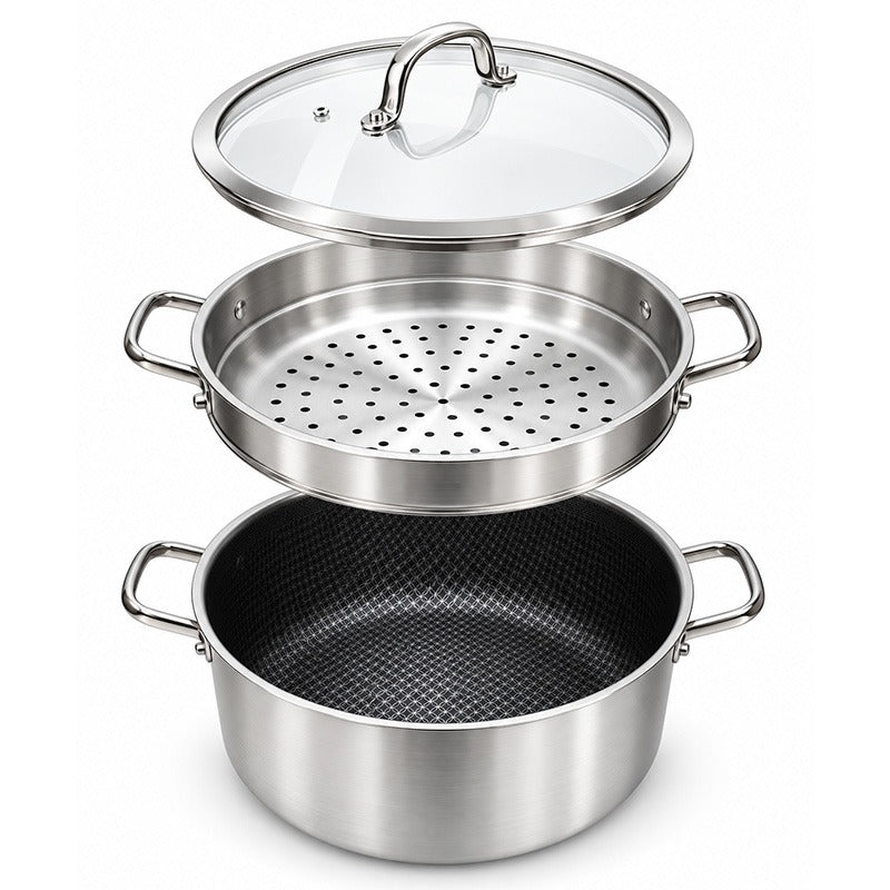 Osfe 28cm Stainless Steel Casserole with T-Glass Lid & Steamer Basket With a Non-stick Titanium Coating