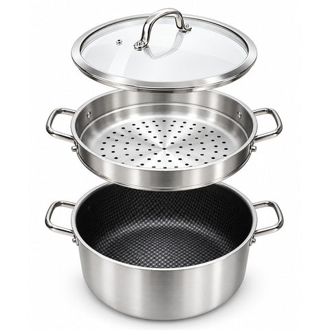 Osfe 28cm Stainless Steel Casserole with T-Glass Lid & Steamer Basket With a Non-stick Titanium Coating