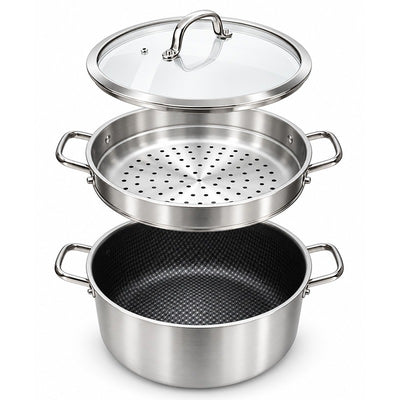 Osfe 32cm Stainless Steel Casserole with T-Glass Lid & Steamer Basket With a Non-stick Titanium Coating