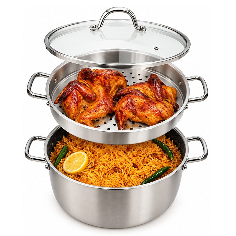 Osfe 28cm Stainless Steel Casserole with T-Glass Lid & Steamer Basket With a Non-stick Titanium Coating