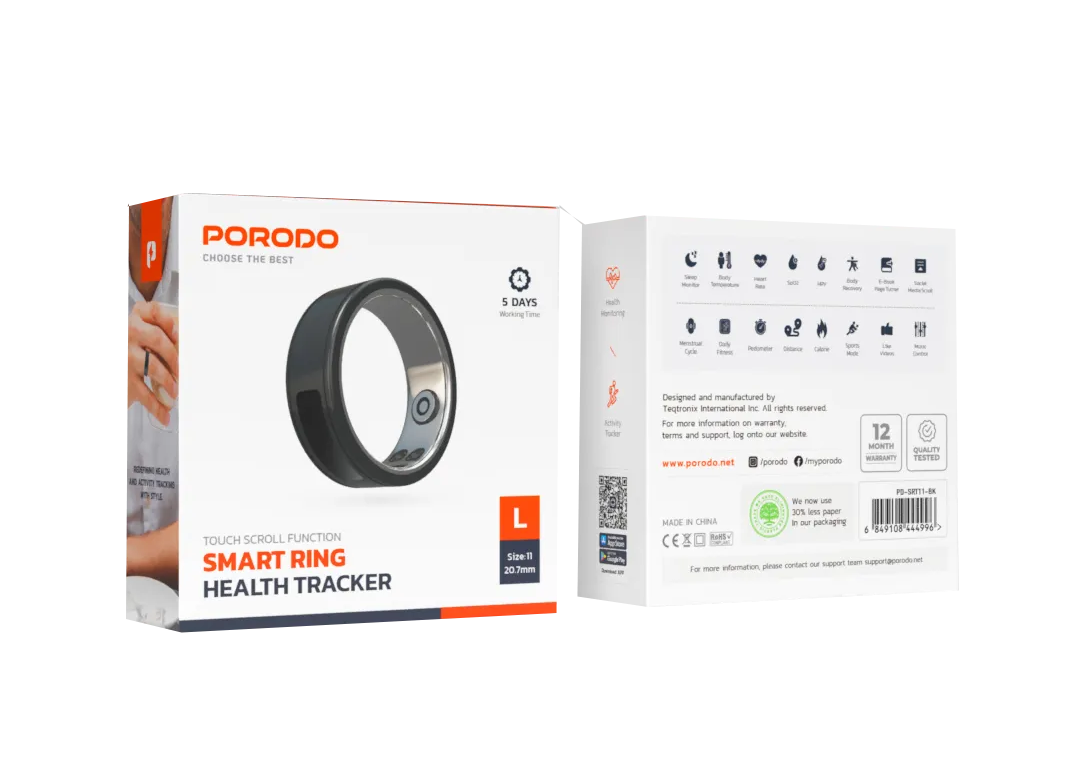 Porodo Smart Ring with Touch Control, Health Monitoring & 5-Day Battery - Size L (20.7mm)