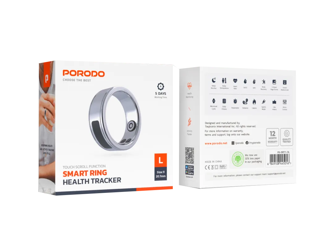 Porodo Smart Ring with Touch Control, Health Monitoring & 5-Day Battery - Size L (20.7mm)