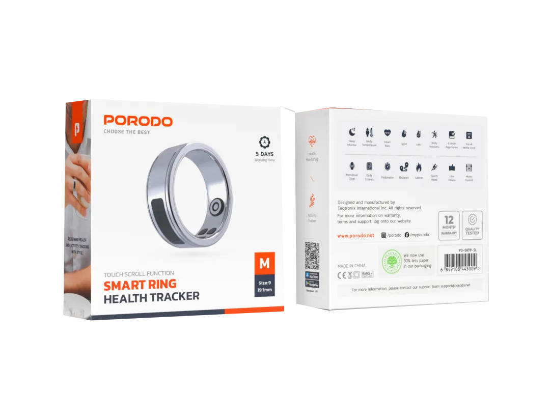 Porodo Smart Ring with Touch Control, Health Monitoring & 5-Day Battery - Size M (19.1mm)