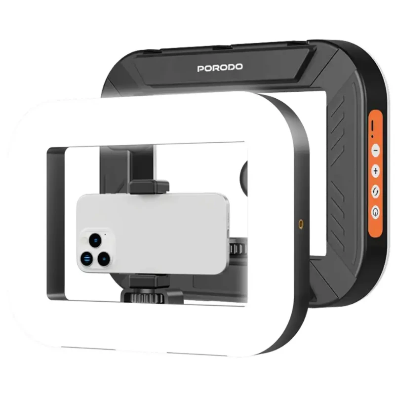 Porodo Lifestyle Handheld Ring Grip Camera & phone vlogging light with Desktop support & Phone clamp-Black