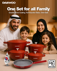 Daewoo Cast Aluminum Cookware 9 piece Set with Premium 5-Layer Non-Stick Granite Coating Pots: 32cm, 28cm, 24cm , Fry Pan: 28cm , red , Shallow Casserole ,Silicone Utensils & Pot Protectors  Induction , Oven Safe ,Chemical-Free (pre - order) .