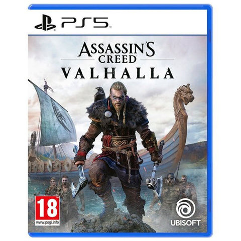 Assassin's Creed Valhalla game cover for PS5 with character and Vikings in the background
