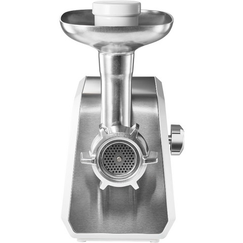 Stainless steel meat grinder on a white background
