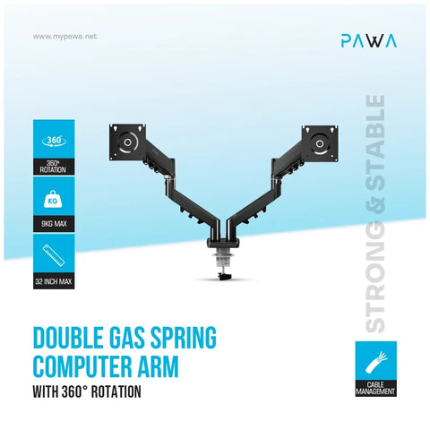 Pawa Double Gas Spring Computer Arm With 360º Rotation - Black