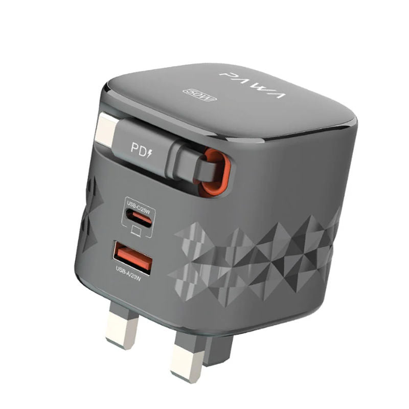 Pawa Retro 50W UK Charger with Type-C Retractable Cable - Black