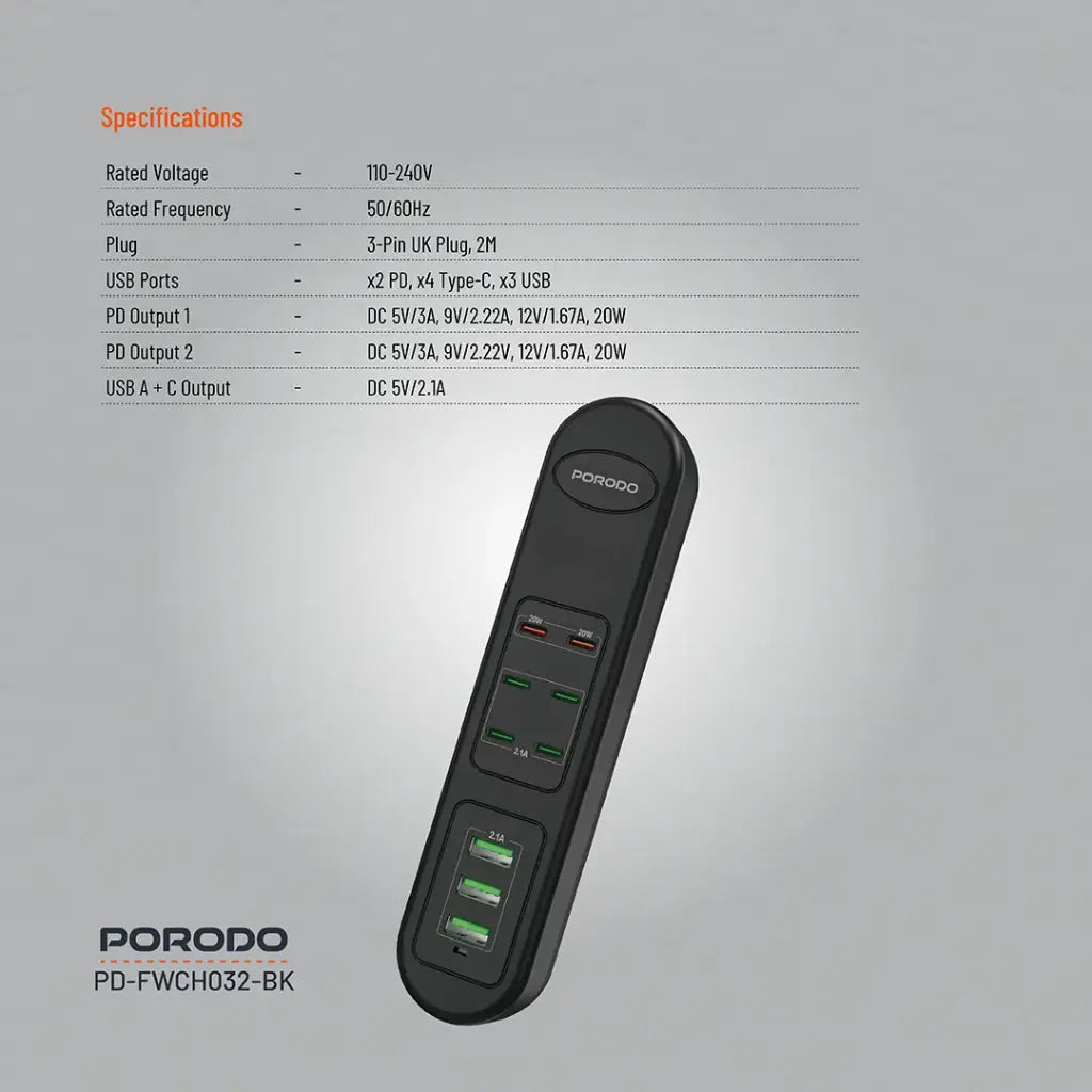 Porodo 50W PDx6 USBx3 Fast Charging Strip UK (2m Wire) - Black