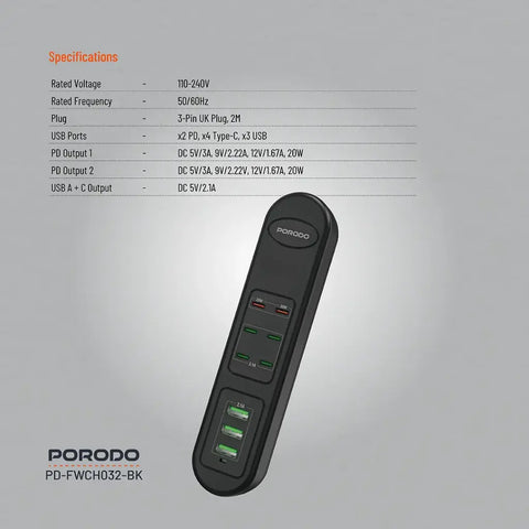Porodo 50W PDx6 USBx3 Fast Charging Strip UK (2m Wire) - Black