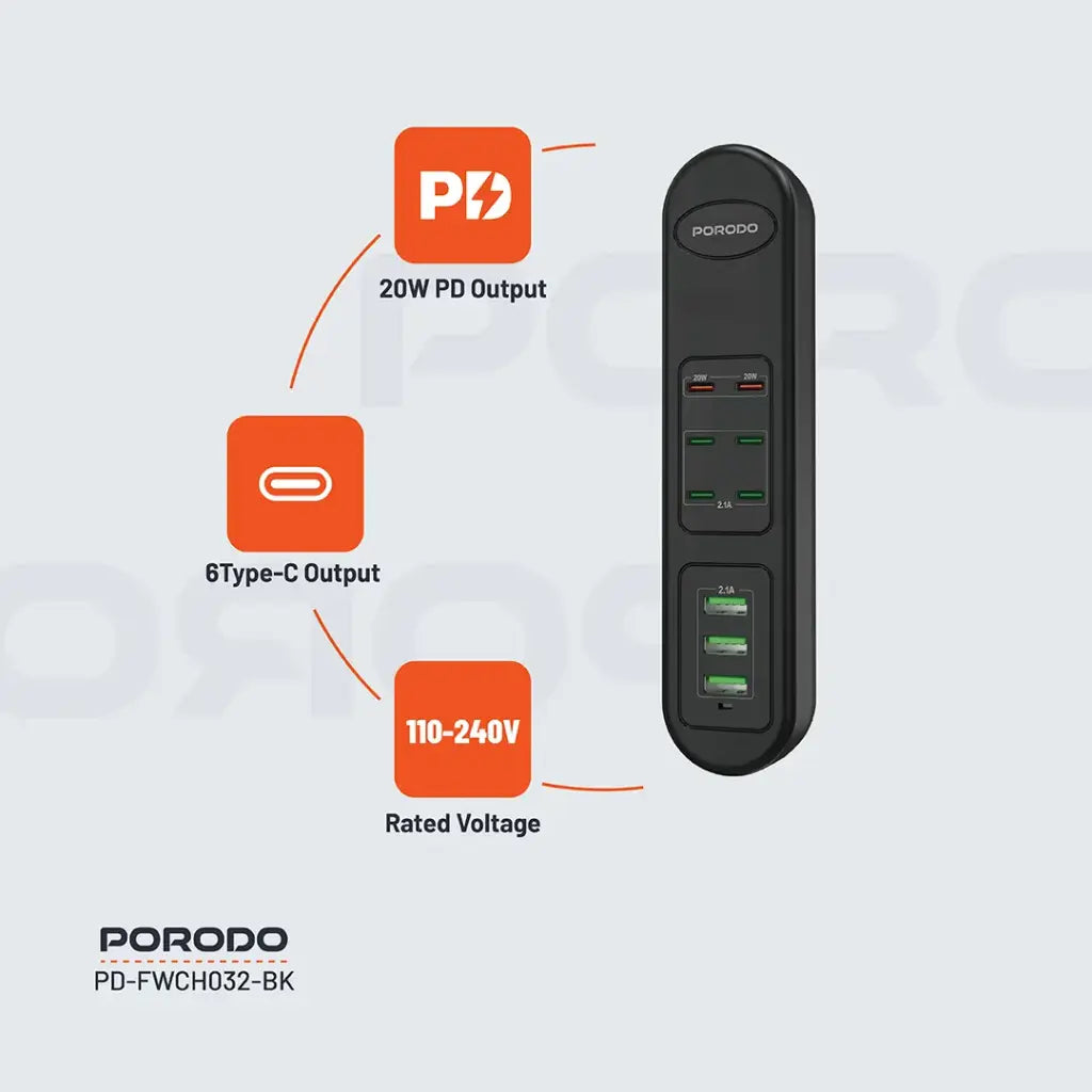 Porodo 50W PDx6 USBx3 Fast Charging Strip UK (2m Wire) - Black