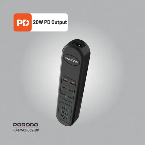 Porodo 50W PDx6 USBx3 Fast Charging Strip UK (2m Wire) - Black