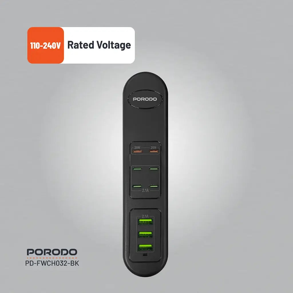 Porodo 50W PDx6 USBx3 Fast Charging Strip UK (2m Wire) - Black
