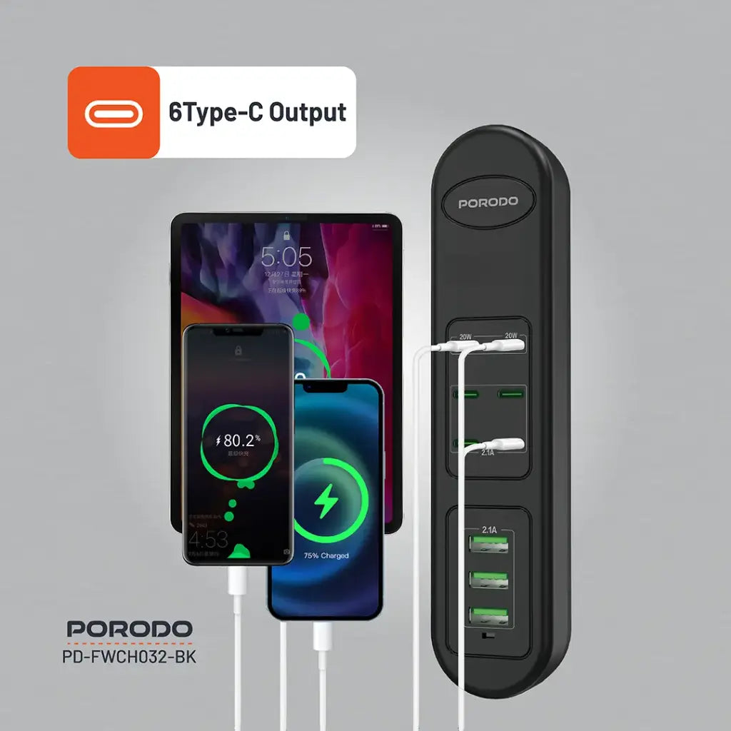 Porodo 50W PDx6 USBx3 Fast Charging Strip UK (2m Wire) - Black
