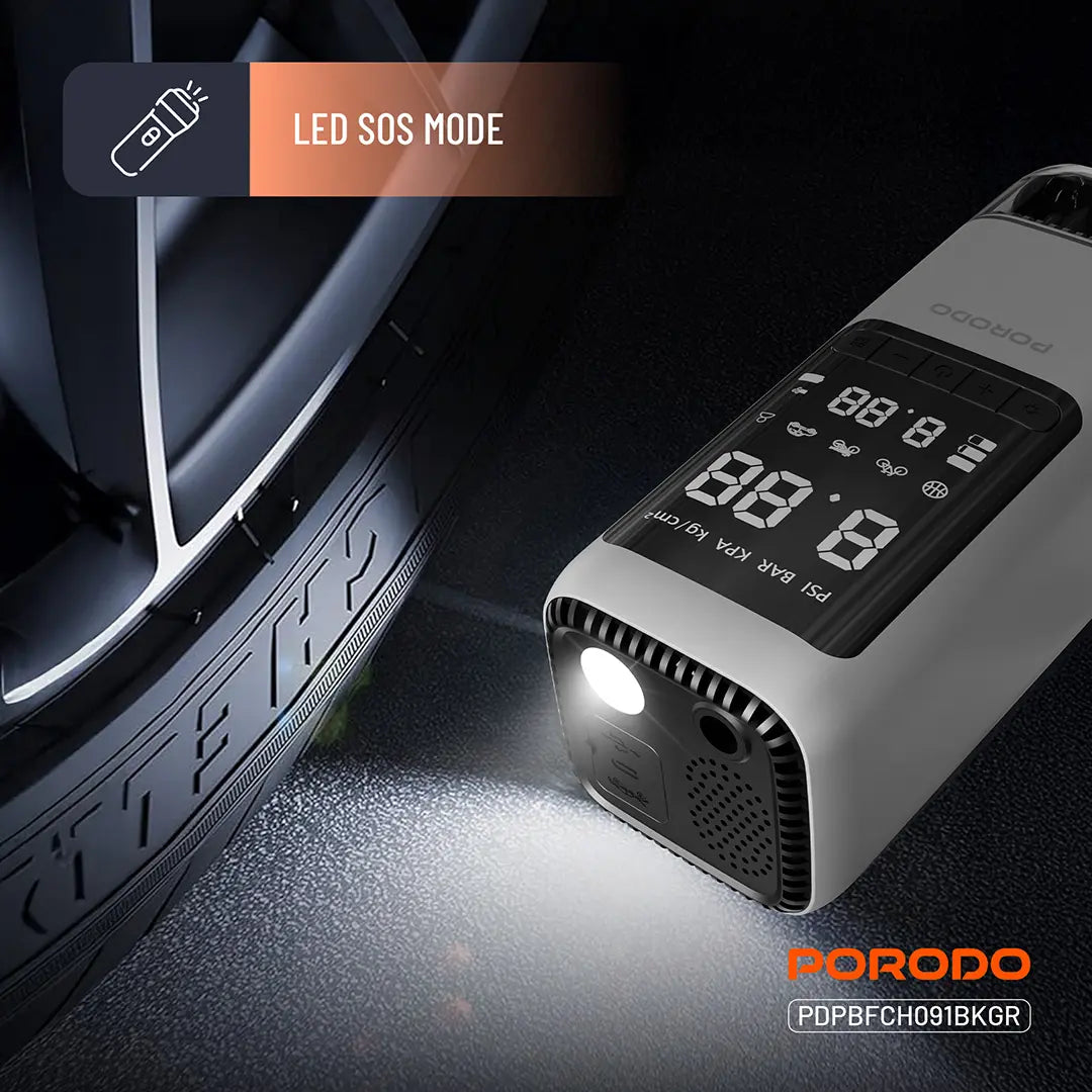 أداة طاقة متعددة الوظائف بورودو 6 في 1، مشغل تشغيل بطارية، ضاغط هواء، وبنك طاقة - أسود / رمادي