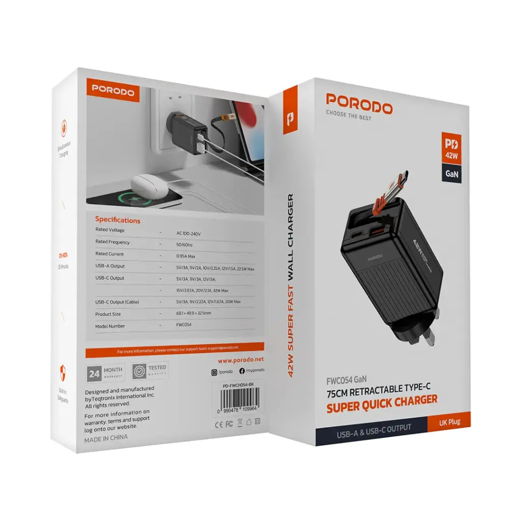 المشترك الكهربائي بورودو بأربعة مخارج AC وقدرة 65W و3000W - أسود