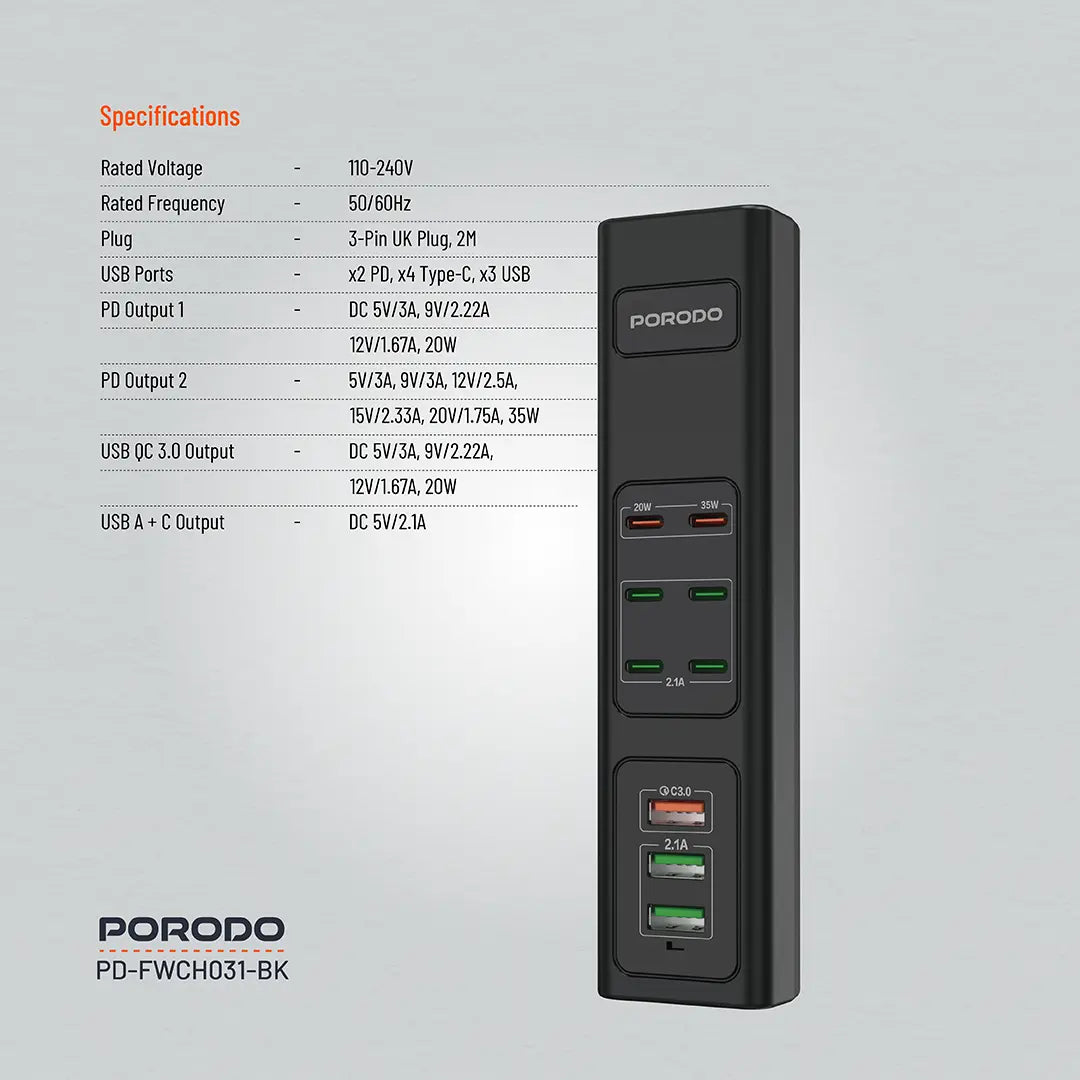 Porodo 85W X6 PD X3 USB Fast Charging Strip UK (2m Wire) - Black
