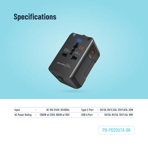 Porodo Blue PD 20W Travel Adapter - Black