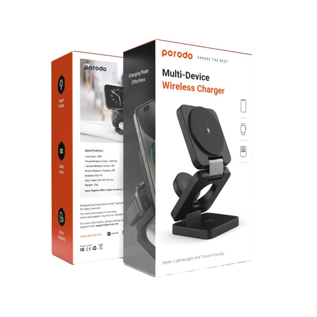 Porodo Multi-Device Wireless Charger Sleek, Lightweight And Travel-Friendly - Black