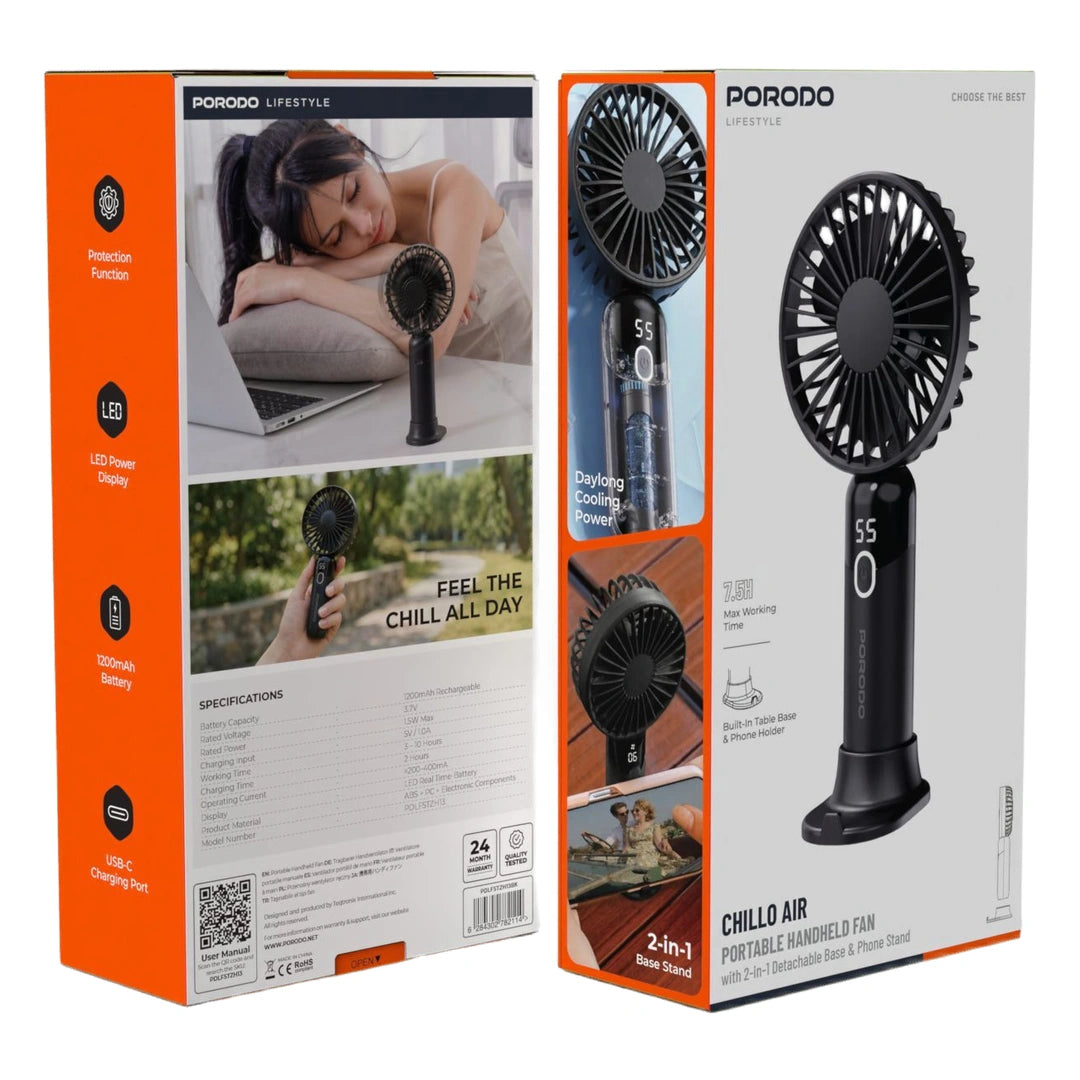 Porodo Lifestyle Chillo Air Portable Handheld Fan With 2-in-1 Detachable Base & Phone Stand