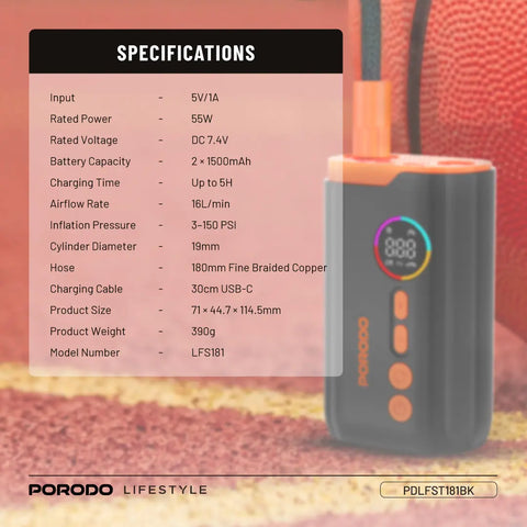Porodo Lifestyle 55W Portable Tire Inflator 150 PSI with 4 Modes and Digital Display - Black