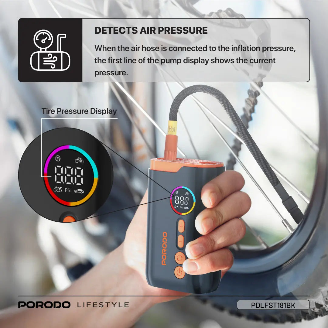 Porodo Lifestyle 55W Portable Tire Inflator 150 PSI with 4 Modes and Digital Display - Black