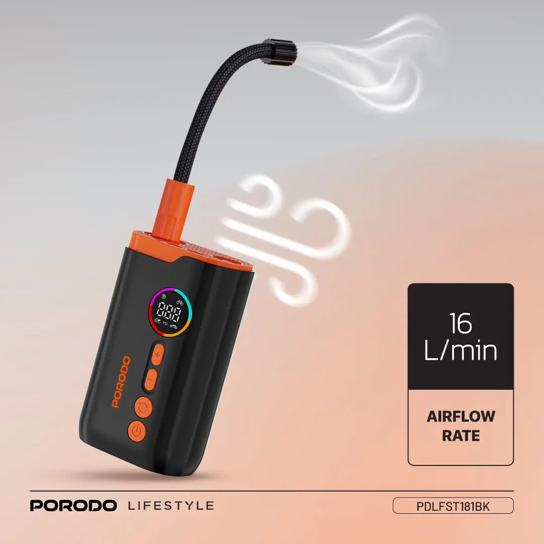 Porodo Lifestyle 55W Portable Tire Inflator 150 PSI with 4 Modes and Digital Display - Black