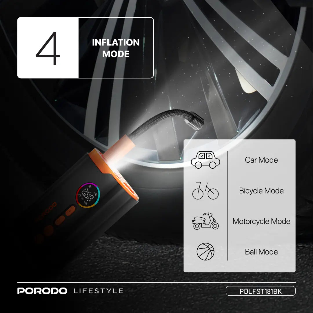 Porodo Lifestyle 55W Portable Tire Inflator 150 PSI with 4 Modes and Digital Display - Black