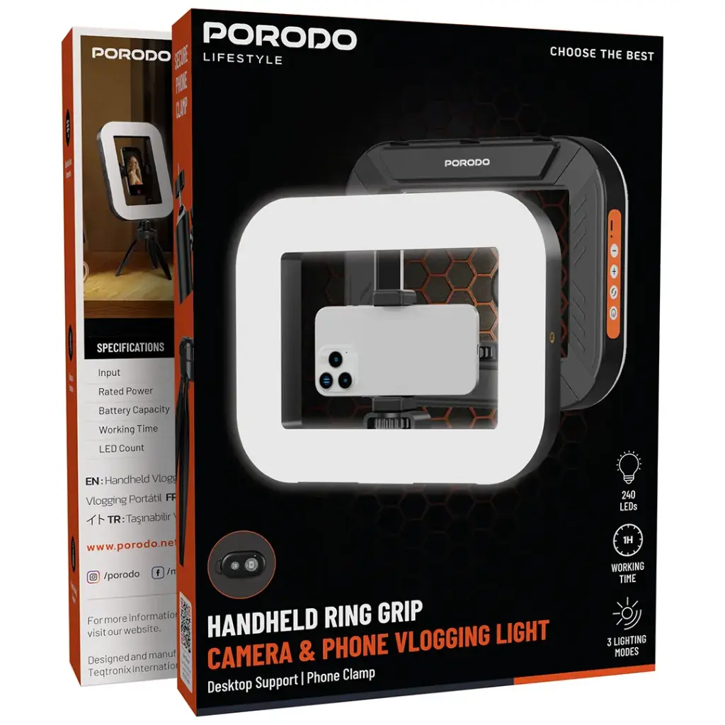 Porodo Lifestyle Handheld Ring Grip Camera & phone vlogging light with Desktop support & Phone clamp-Black