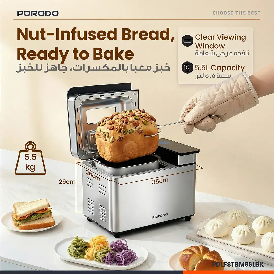 Porodo Lifestyle Khabaz Stainless Steel Automated Bread Maker with 25 Preset Programs - Black