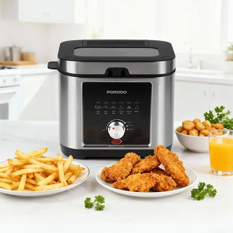 Porodo Lifestyle Stainless Steel 2.5L Deep Fryer with Adjustable Temperature & Non-Stick Tray -Silver
