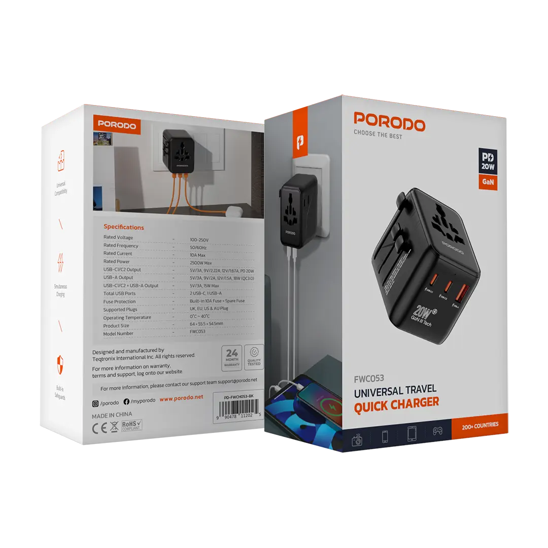 Porodo Universal Travel GaN Quick Charger - Black