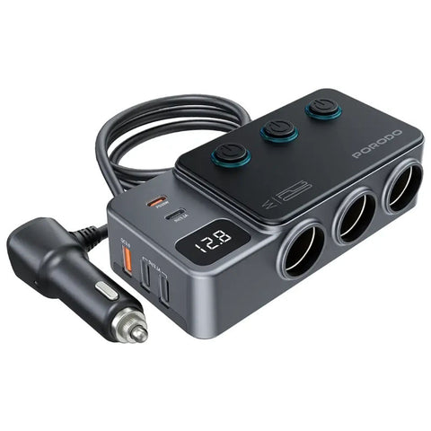Porodo 120W Car Charger Hub Triple-Port Lighter Socket - Dark Gray