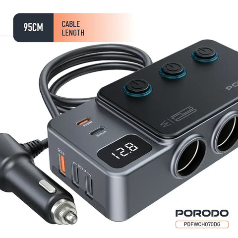 Porodo 120W Car Charger Hub Triple-Port Lighter Socket - Dark Gray