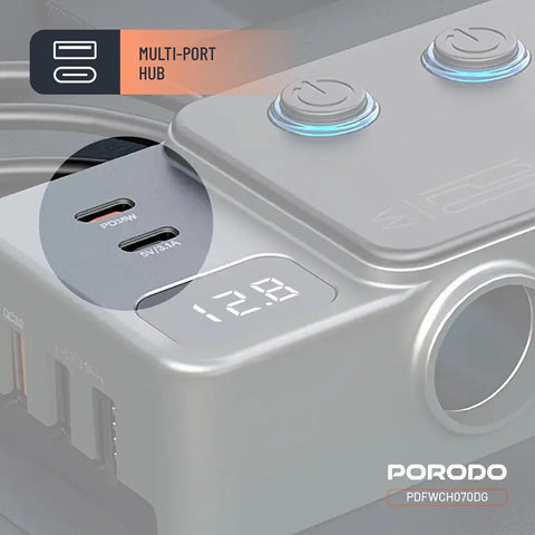 Porodo 120W Car Charger Hub Triple-Port Lighter Socket - Dark Gray