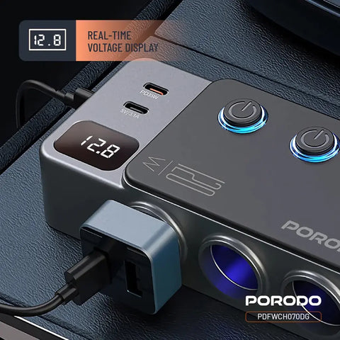 Porodo 120W Car Charger Hub Triple-Port Lighter Socket - Dark Gray