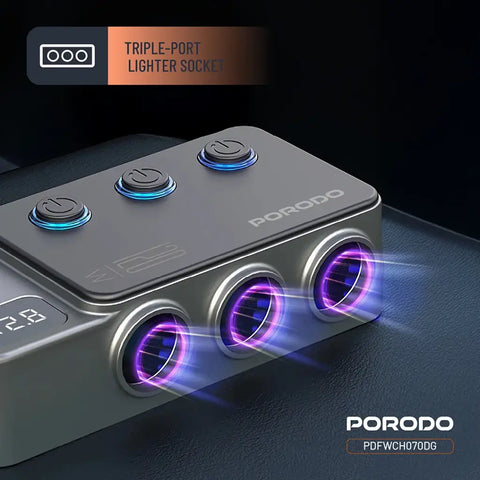 Porodo 120W Car Charger Hub Triple-Port Lighter Socket - Dark Gray