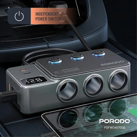 Porodo 120W Car Charger Hub Triple-Port Lighter Socket - Dark Gray