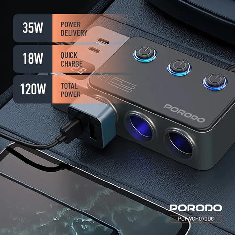 Porodo 120W Car Charger Hub Triple-Port Lighter Socket - Dark Gray