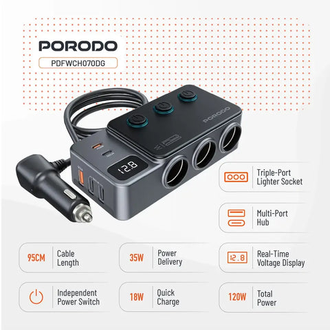 Porodo 120W Car Charger Hub Triple-Port Lighter Socket - Dark Gray