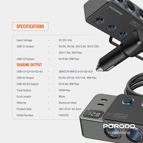 Porodo 120W Car Charger Hub Triple-Port Lighter Socket - Dark Gray