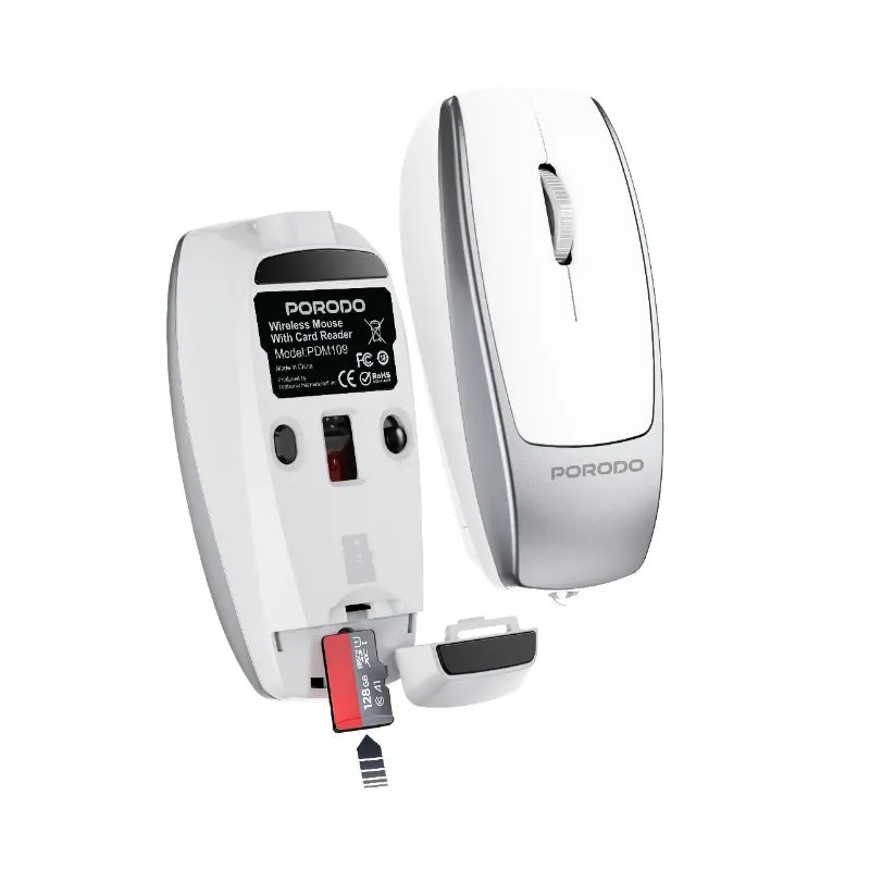 Porodo 1600DPI Wireless Mouse with Card Reader, Bluetooth 5.1 & Type-C Charging - Silver
