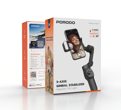 Porodo 3-Axis Gimbal Stabilizer with Magnetic Fill Light, Smart Tracking & 3600mAh - Black