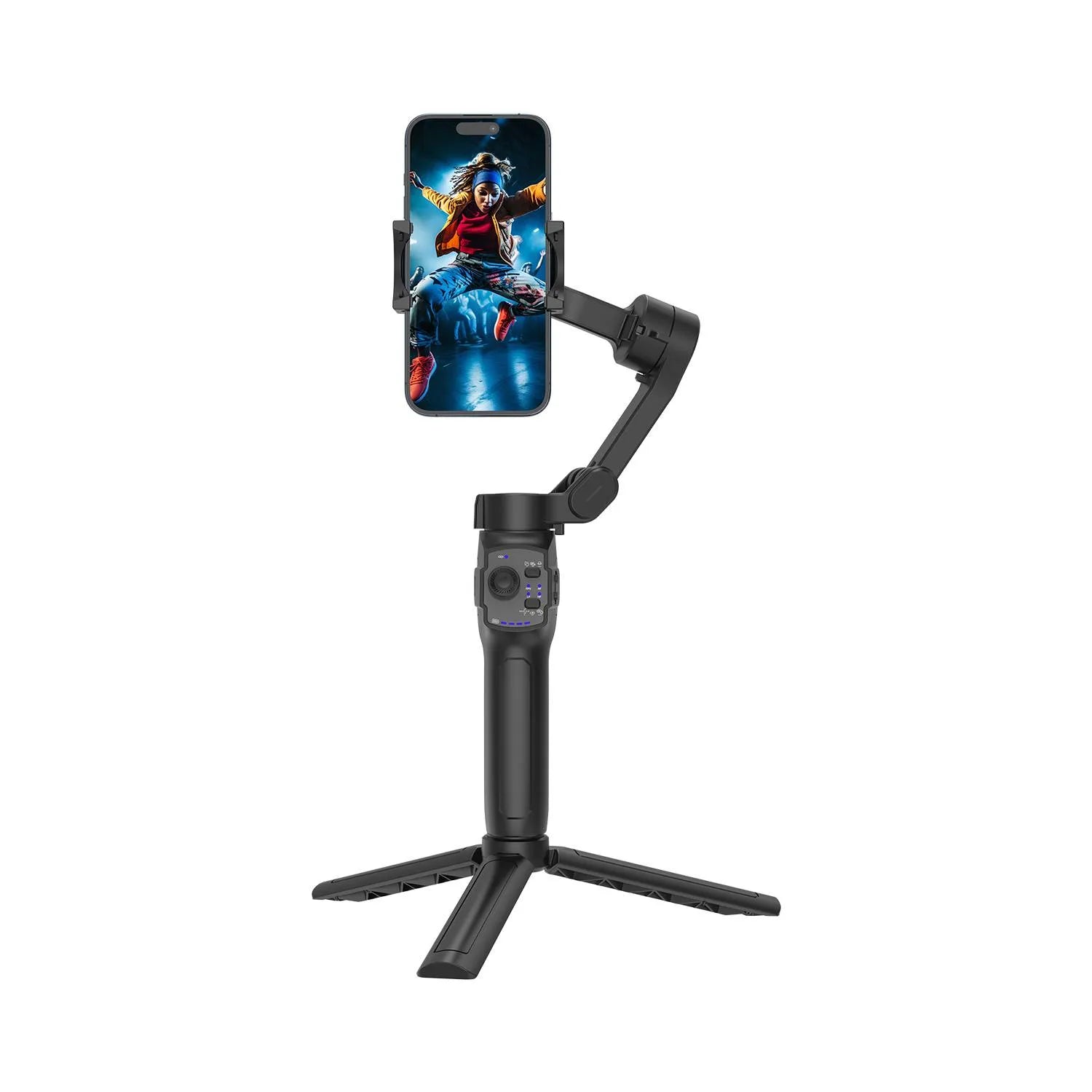 Porodo 3-Axis Gimbal Stabilizer with Magnetic Fill Light, Smart Tracking & 3600mAh - Black