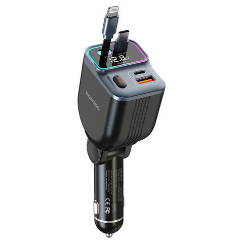 Porodo 65W Car Charger Dual Retractable Cable - Black