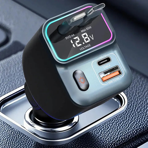 Porodo 65W Car Charger Dual Retractable Cable - Black